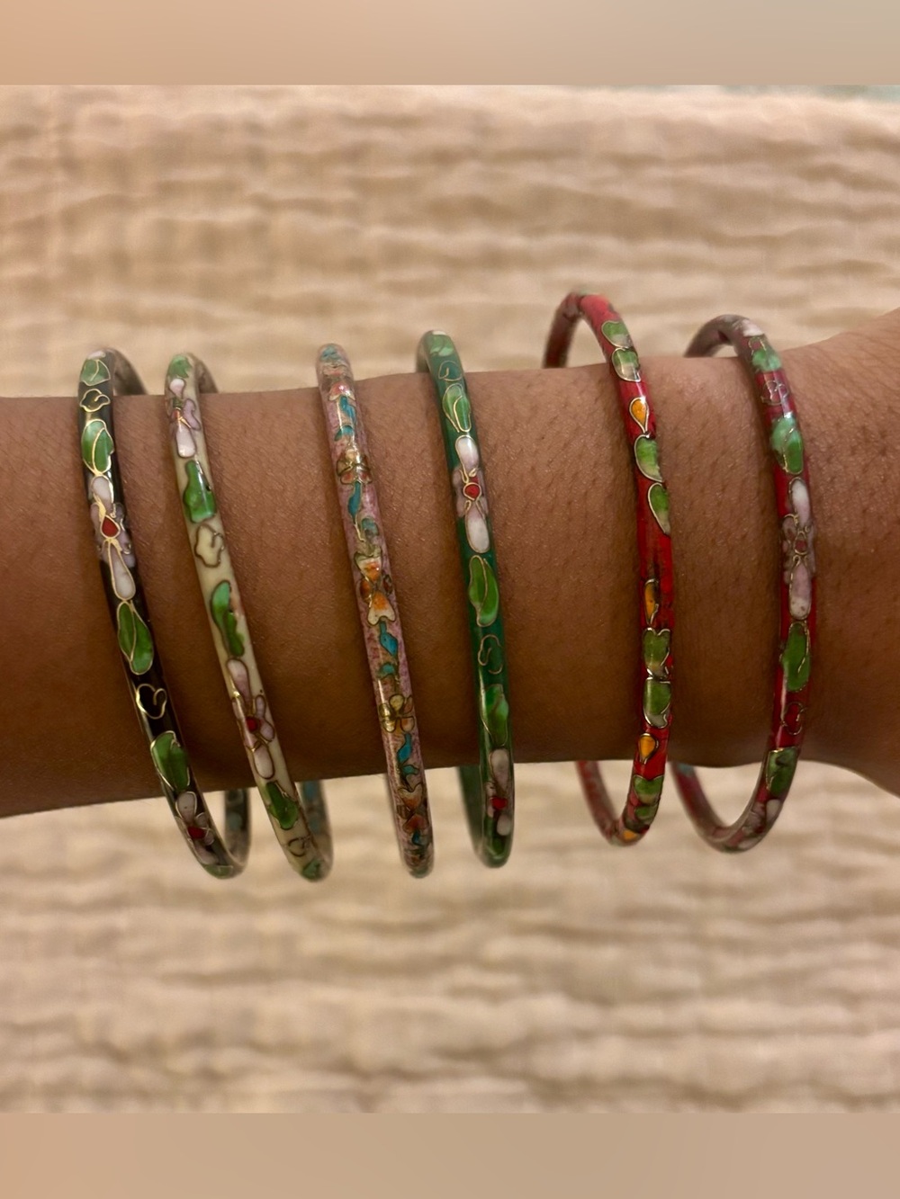 6 Vintage Chinese Cloisonné Enamel Floral Bangle Bracelets